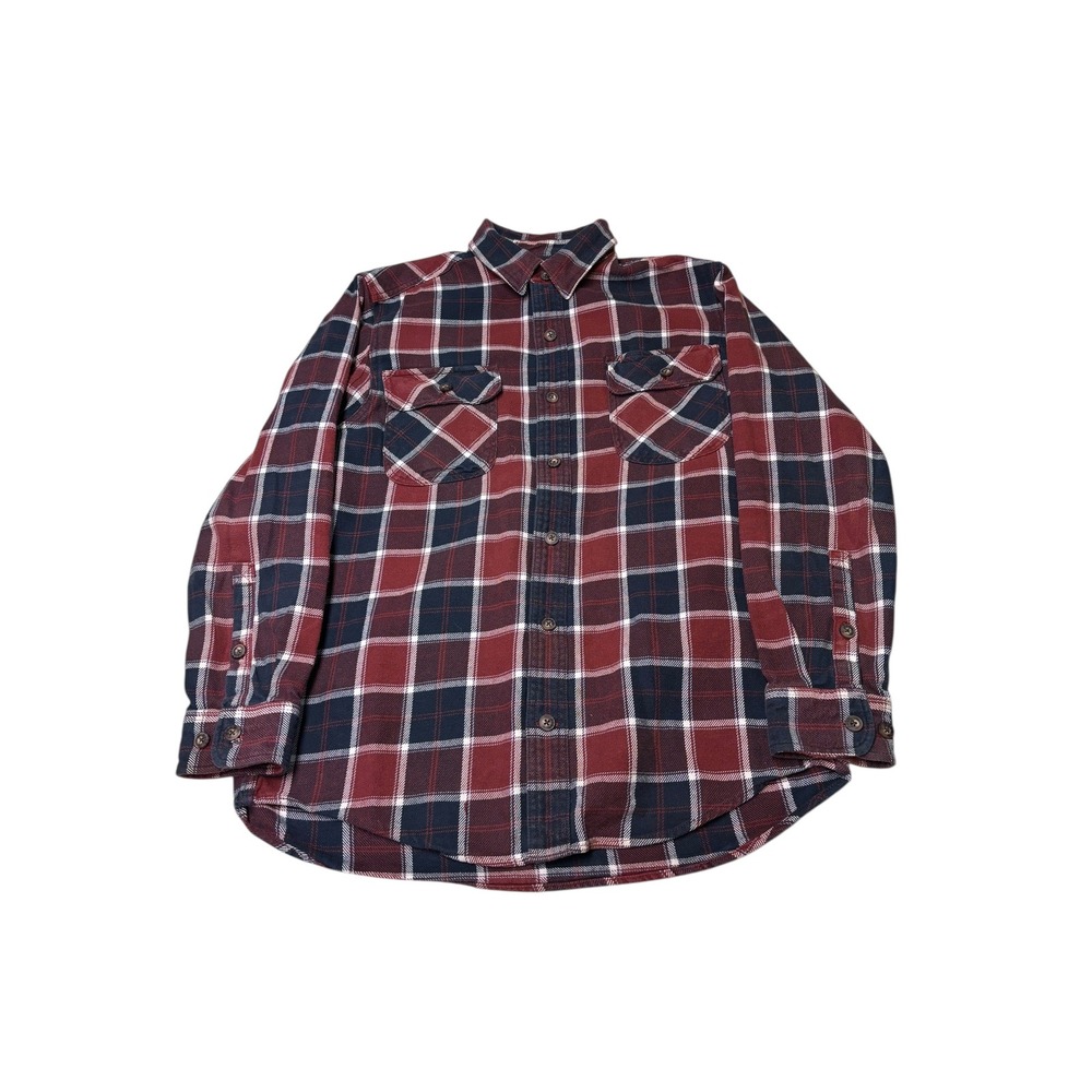 Duluth Trading Co Flannel Shirt Men's‎ L Long Sleeve Plaid Red Navy Trim Fit